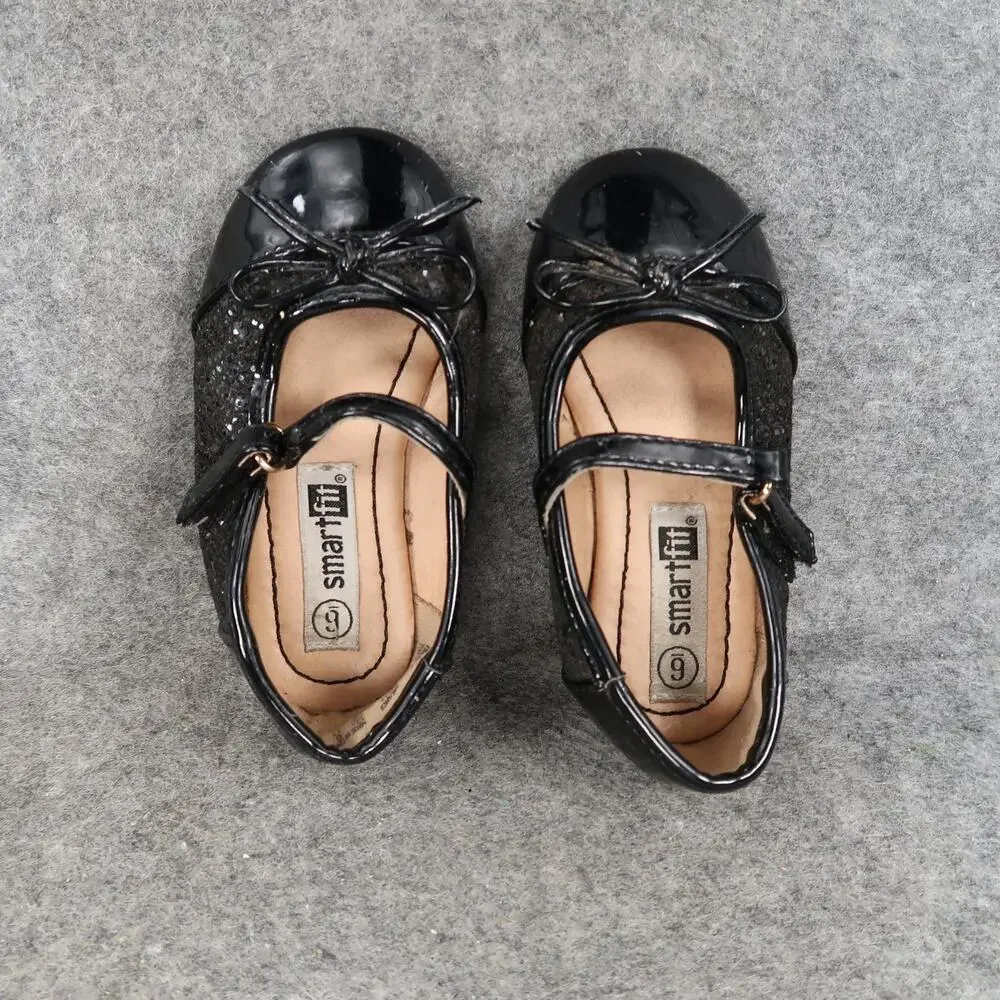 Smart Fit Shoes Toddler Baby 6 Mary Jane Ballet Flats Black Patent Bow Girls